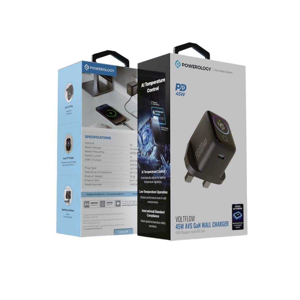 شارژر دیواری پاورولوژی 45W مدل Voltflow PWCUQC069 - رنگ‌بندی و ظاهر محصول