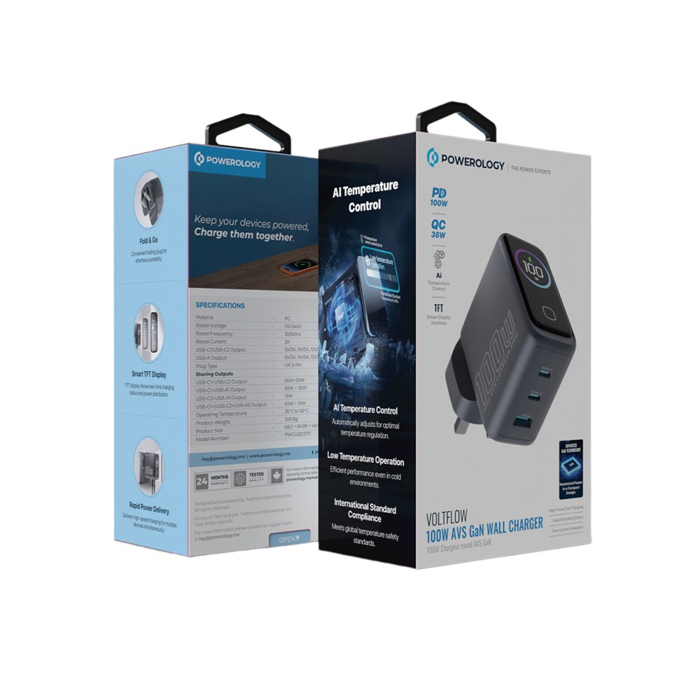 شارژر دیواری پاورولوژی 100W مدل Voltflow PWCUQC070GY - نمای نزدیک از متریال و کیفیت ساخت