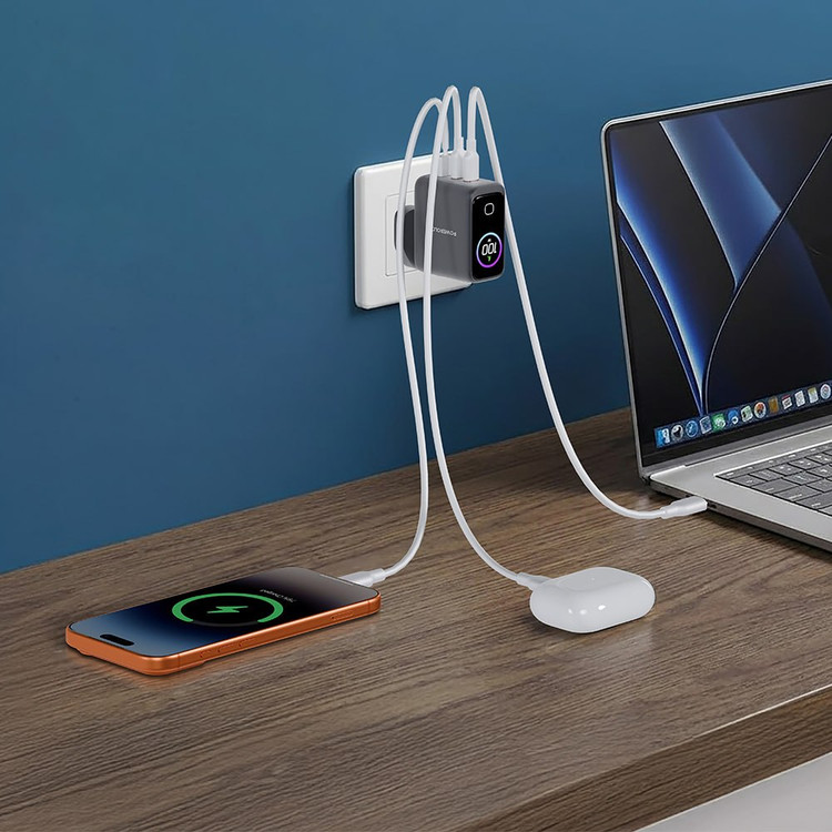 شارژر دیواری پاورولوژی 100W مدل Voltflow PWCUQC070GY - تصویر محصول به همراه لوازم جانبی همراه