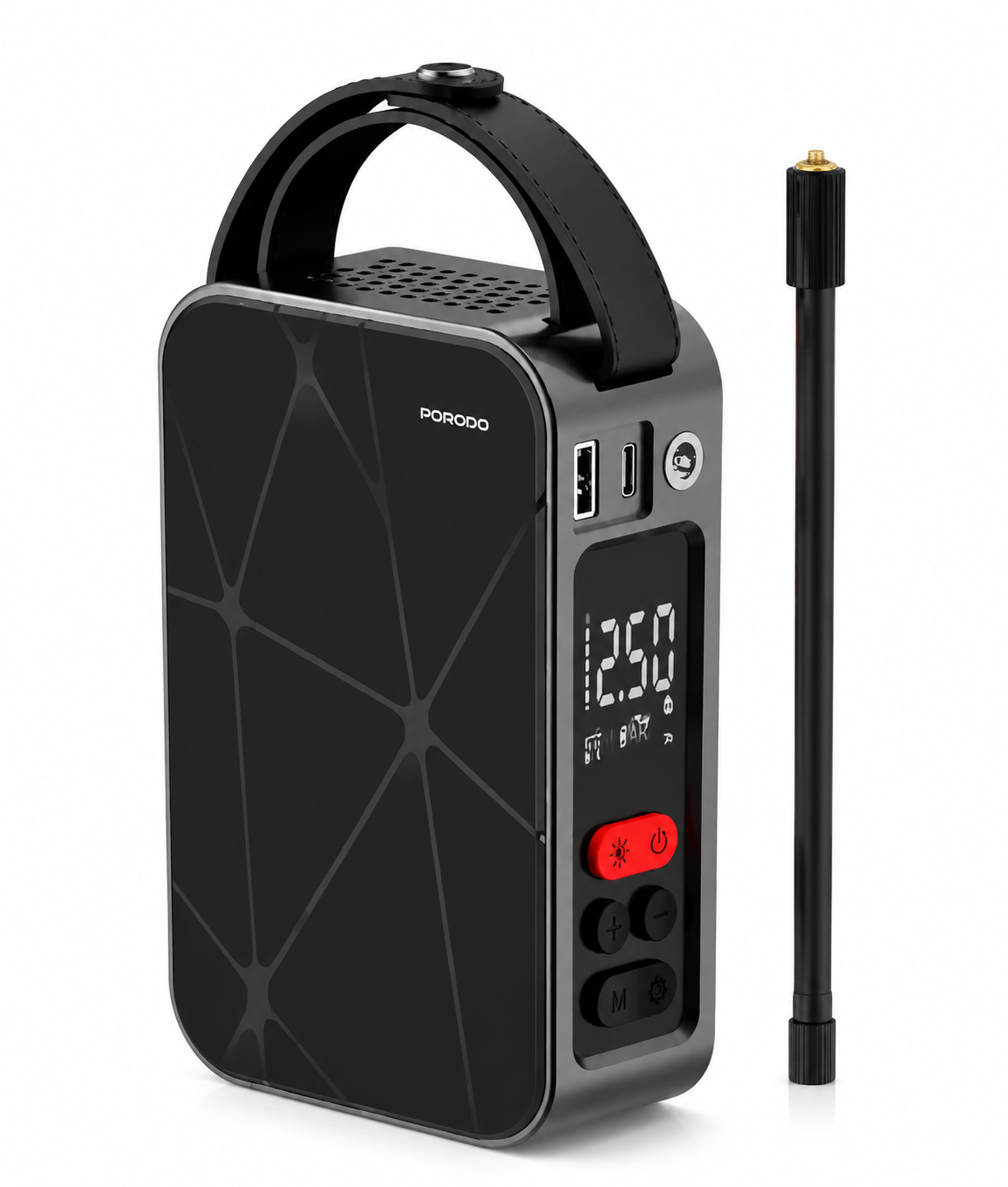 پمپ باد شارژی پرودو مدل FLATOR 4000mAh - مقایسه اندازه محصول با اشیای روزمره