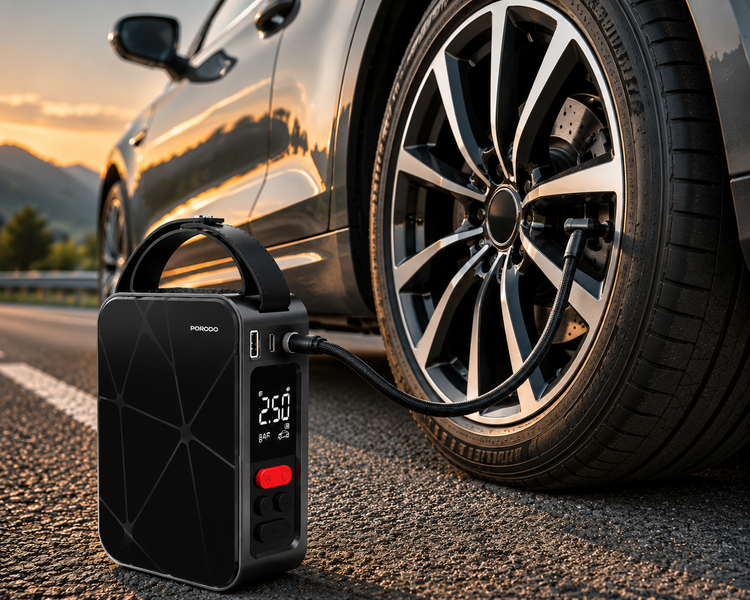 پمپ باد شارژی پرودو مدل FLATOR 4000mAh - نمای محصول به همراه جعبه اصلی