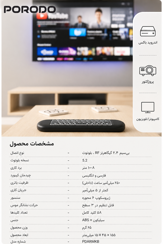 مینی ماوس و کیبورد بیسیم پورودو (Porodo - جزئیات پورتها و دکمههای محصول