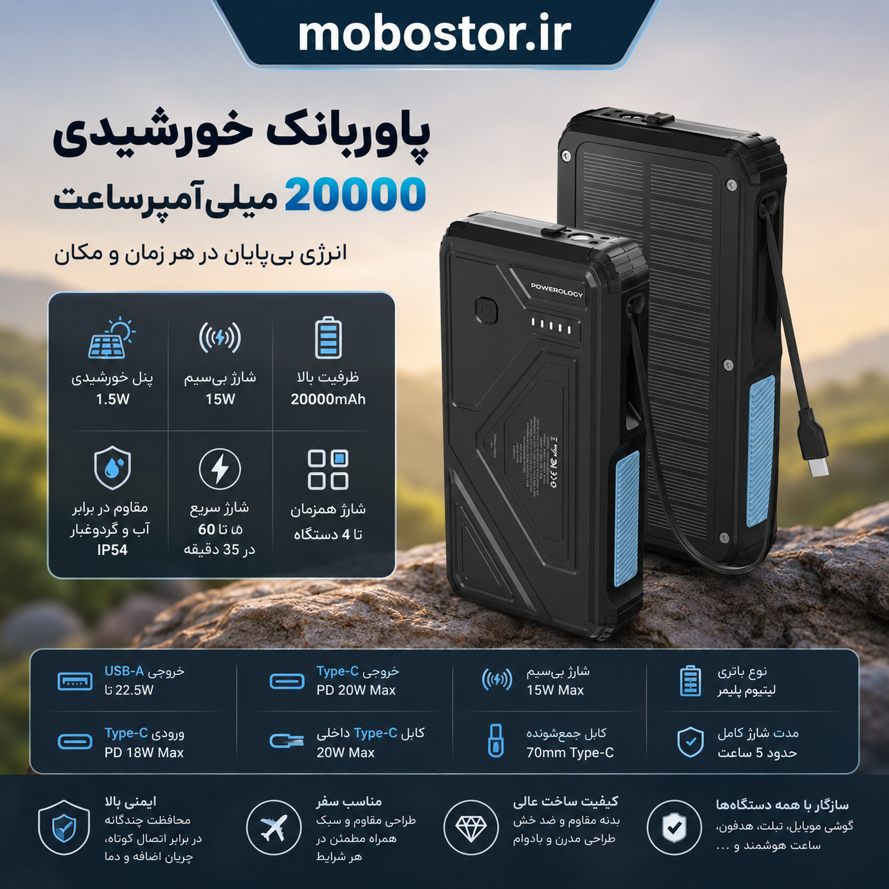 پاوربانک خورشیدی پاورولوژی مدل PPBCHA76 ظرفیت 20000 - نمای کاربردی هنگام استفاده