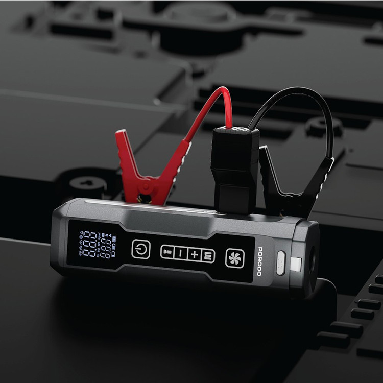 جامپ استارتر و پمپ باد خودرو پورودو - نمای محصول به همراه جعبه اصلی