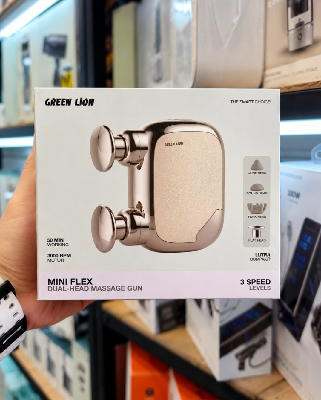 ماساژور تفنگی گرین لاین مدل Mini Flex - نمای محصول به همراه جعبه اصلی