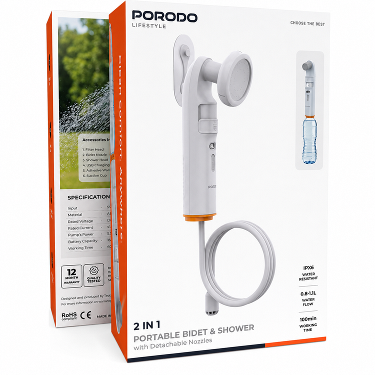 دوش شارژی پرودو مدل PDLFSTPB55WH بیده و - جزئیات پورتها و دکمههای محصول