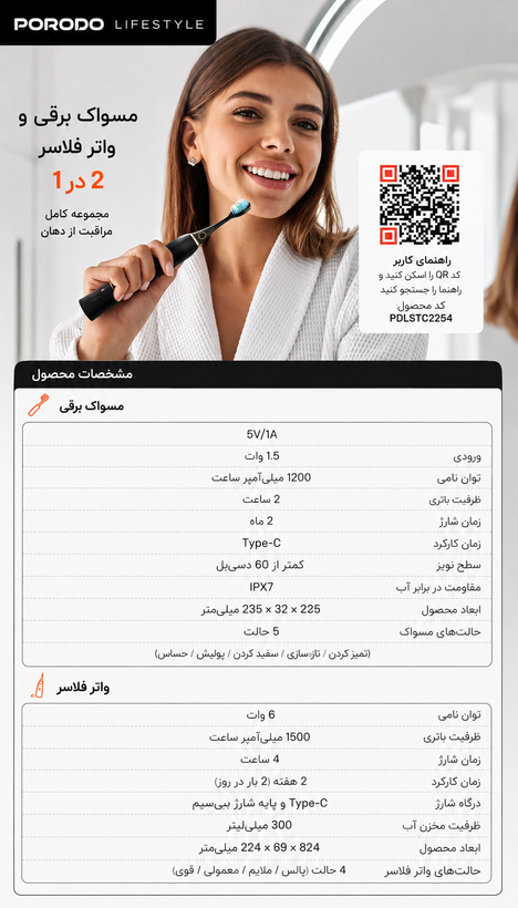 ست مسواک برقی و واترجت پرودو مدل - برچسب مشخصات و اطلاعات فنی