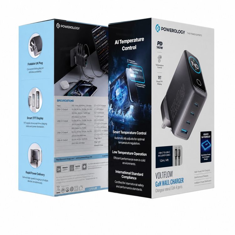 شارژر دیواری پاورولوژی مدل PWGAN140W توان ۱۴۰ - زاویه جانبی محصول