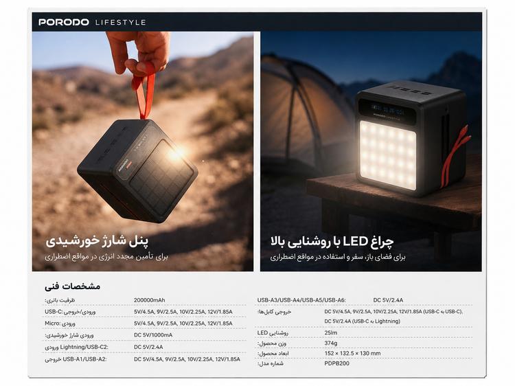 پاوربانک خورشیدی 200،000 میلیآمپرساعت پرودو مدل Laros - زاویه بالا برای نمایش ابعاد محصول