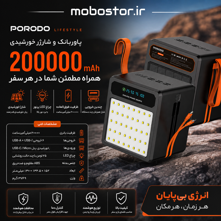 پاوربانک خورشیدی 200،000 میلیآمپرساعت پرودو مدل Laros - نمای کلی محصول در حالت خاموش