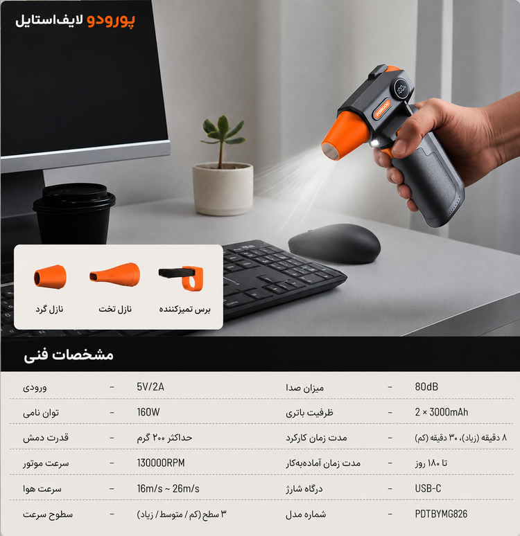 جت فن شارژی پرودو Porodo Turbo Air - نمای نزدیک از جزئیات و طراحی