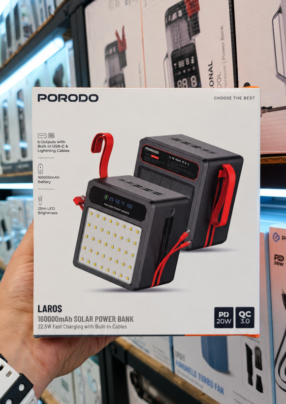 پاوربانک خورشیدی 160000 میلیآمپر Porodo LAROS PDPB160BK - نمای نزدیک از جزئیات و طراحی