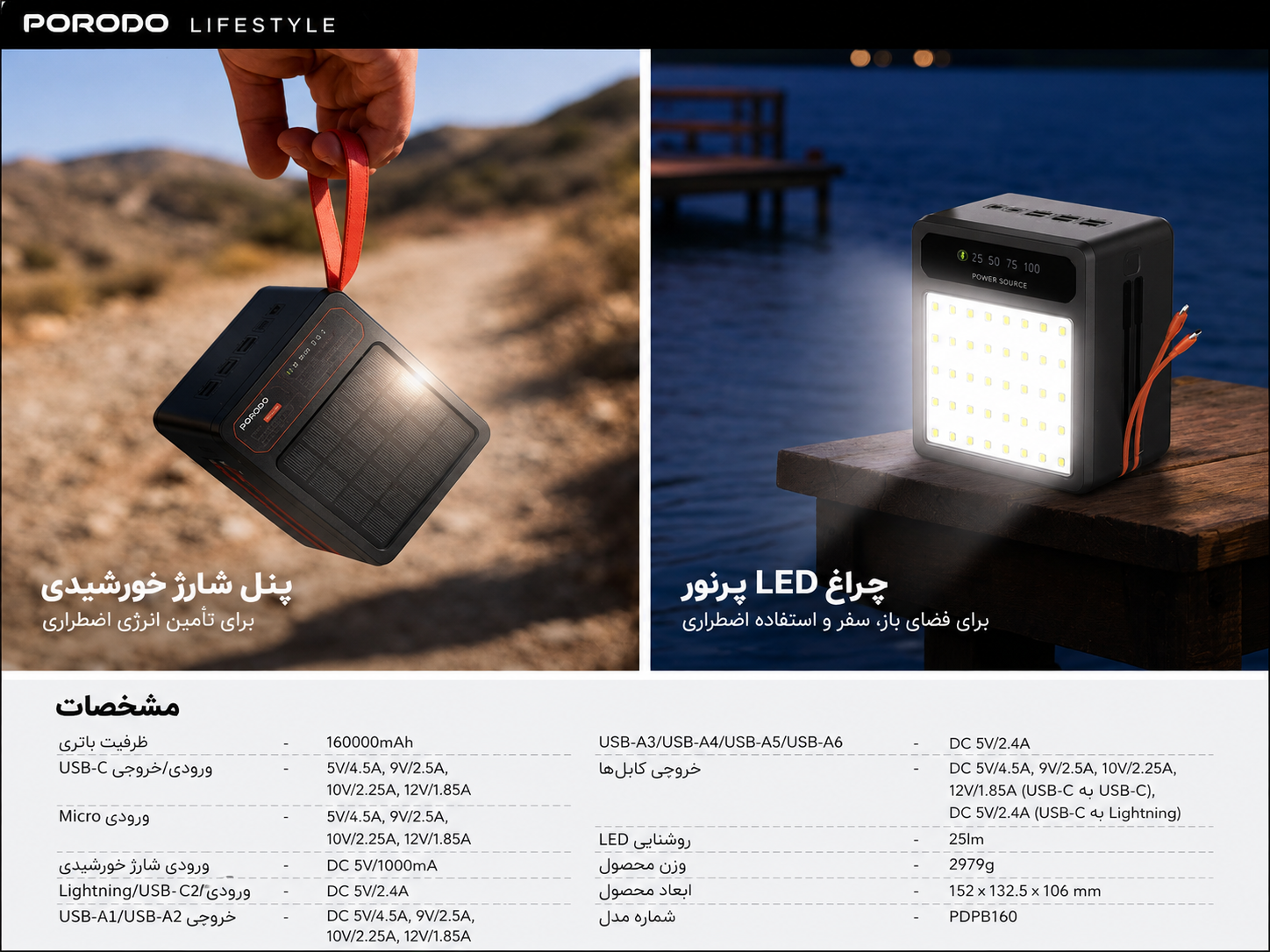 پاوربانک خورشیدی 160000 میلیآمپر Porodo LAROS PDPB160BK - بستهبندی و محتویات جعبه