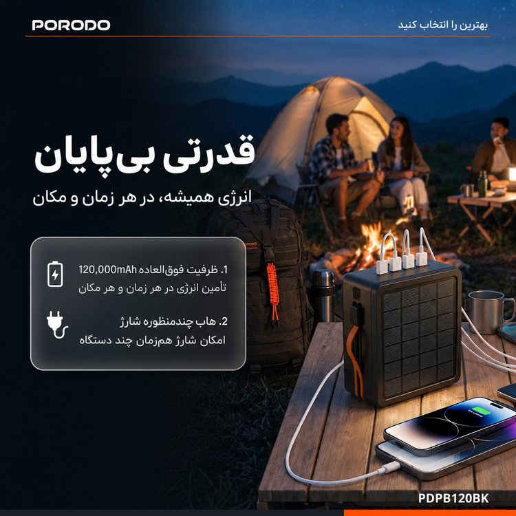 پاوربانک خورشیدی پرودو Porodo LAROS مدل PDPB120BK - جزئیات نمایشگر یا صفحه محصول