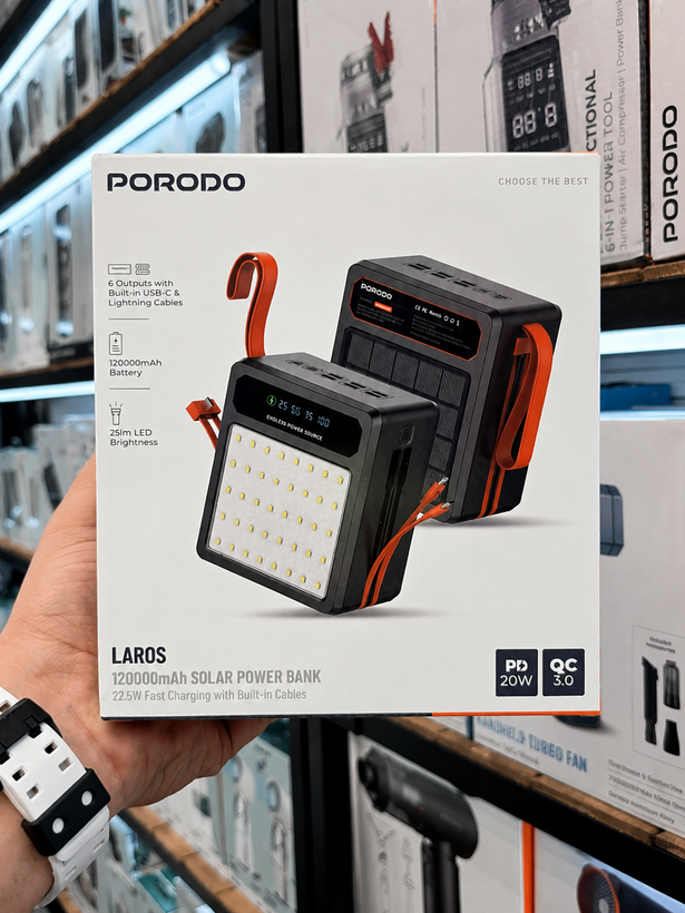 پاوربانک خورشیدی پرودو Porodo LAROS مدل PDPB120BK - نمای محصول به همراه جعبه اصلی