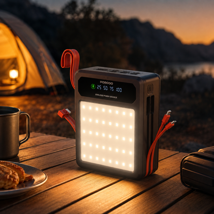پاوربانک خورشیدی پرودو مدل Porodo LAROS 80000mAh - جزئیات پورتها و دکمههای محصول