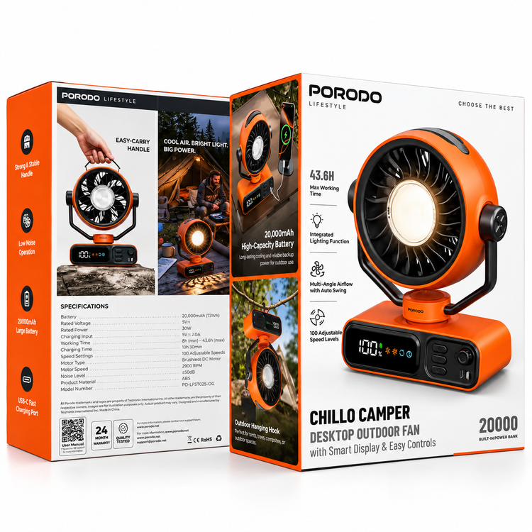 پنکه شارژی رومیزی کمپینگ پرودو Porodo Chillo - بستهبندی و محتویات جعبه