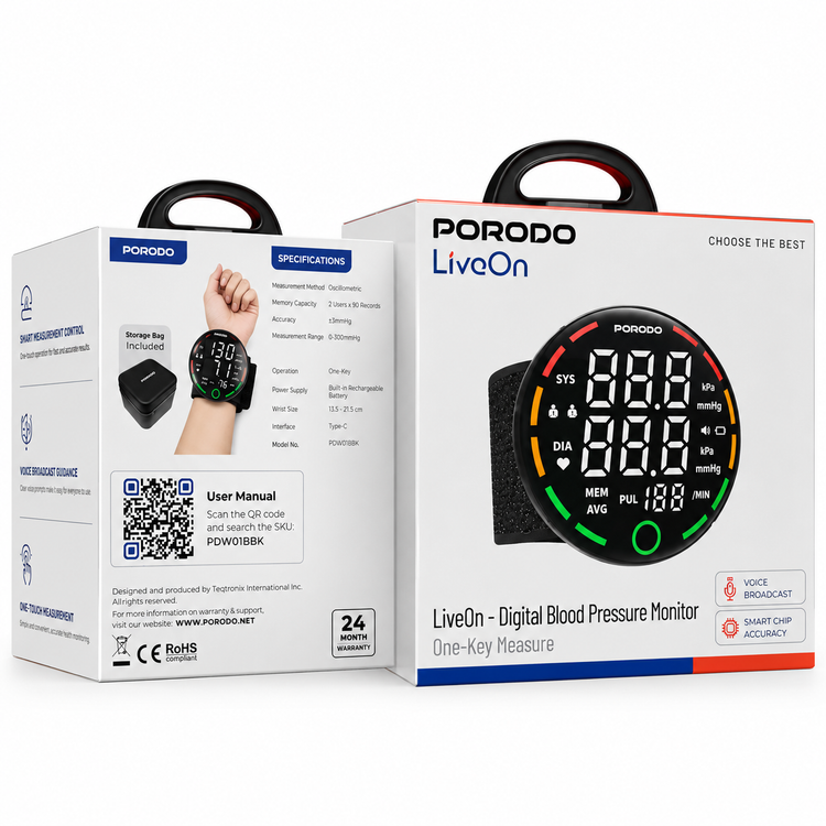 فشارسنج دیجیتال Porodo LiveOn | اندازهگیری آسان - زاویه سهرخ برای نمایش حجم محصول
